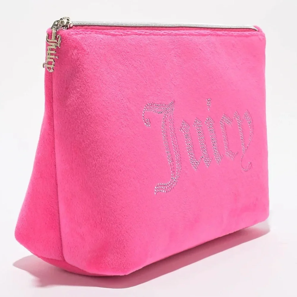 JUICY COUTURE Rhinestone Logo Pink Velour Makeup Pouch Travel Bag NEW NWT